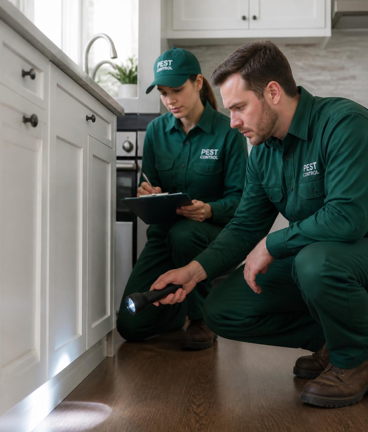 Two uniformed pest control technicians inspecting a kitchen