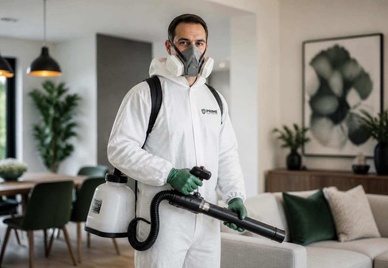 Certified pest control technician in protective equipment preparing a fumigation treatment