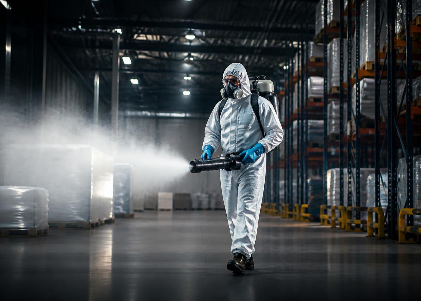 Technician in full protective equipment fumigating an industrial warehouse